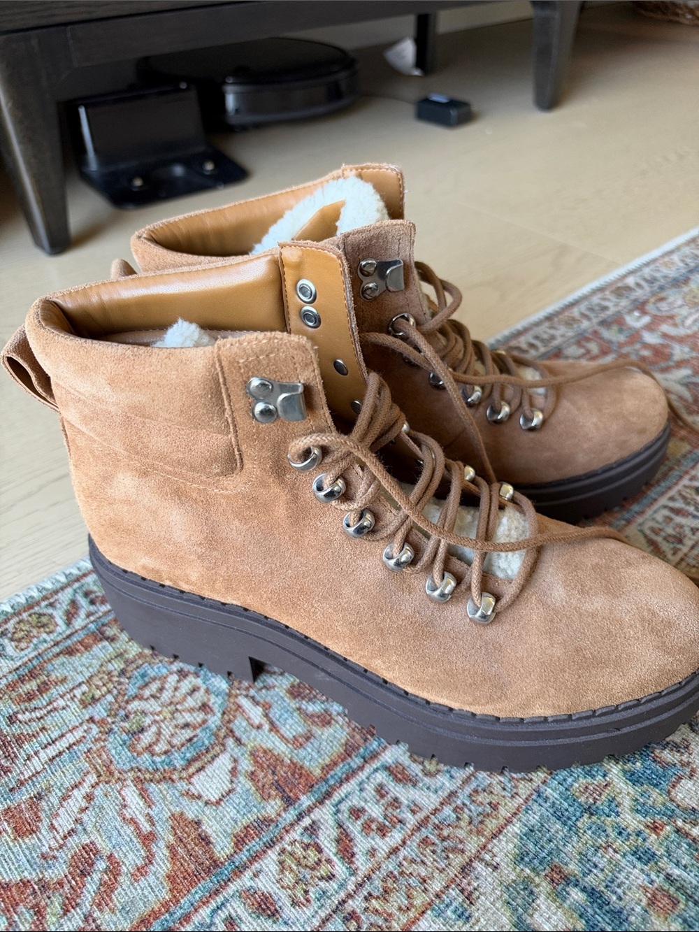 Marc Fisher Tan Suede Lace-Up Shearling-Trim Hiking Boots